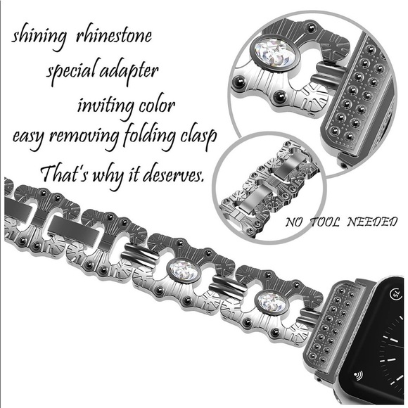 SILVERTONE Metal Rhinestone Smart Watch Band Replacement - Picture 2 of 10